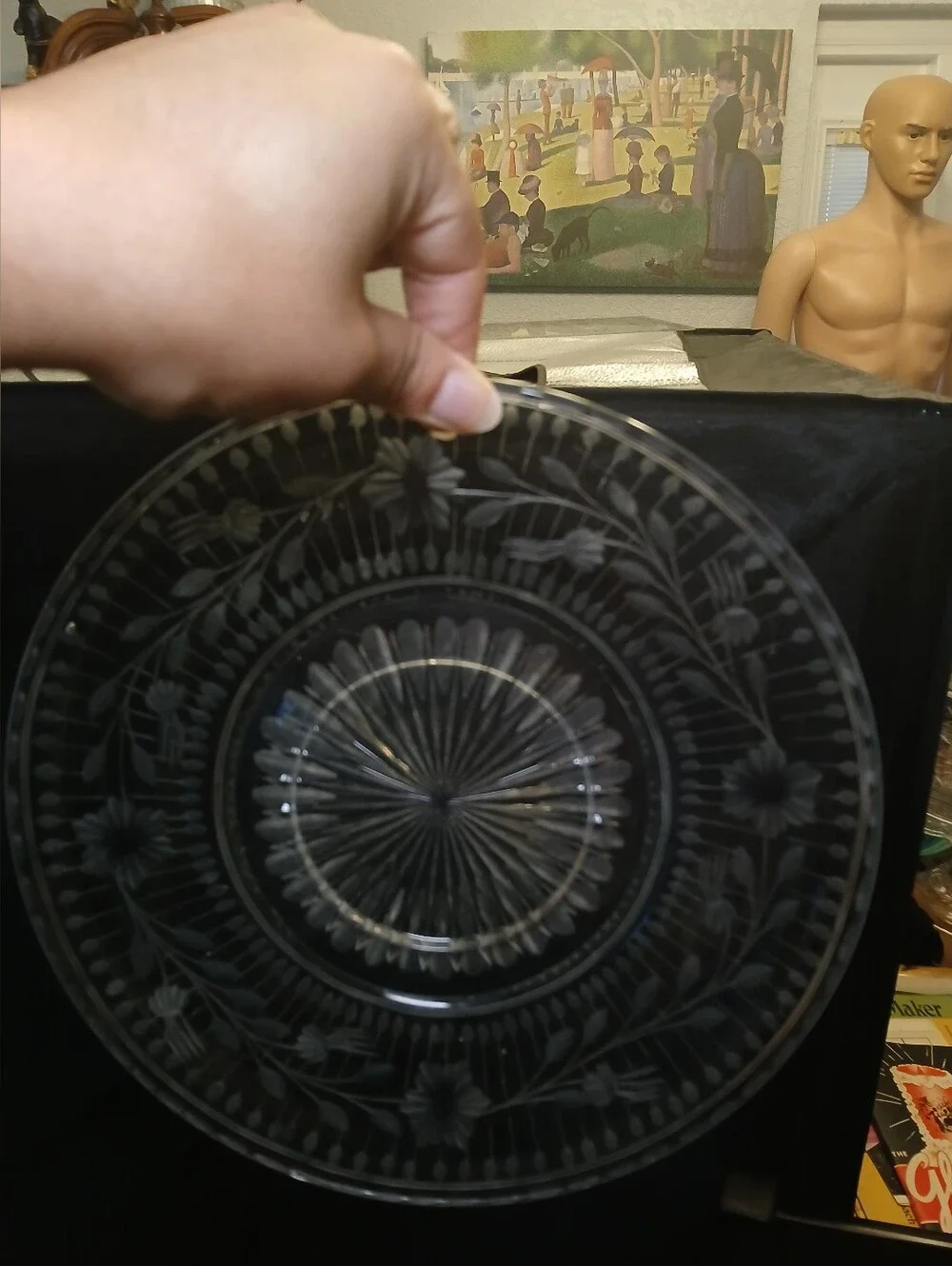Etched Floral Clear Glass Serving Platter